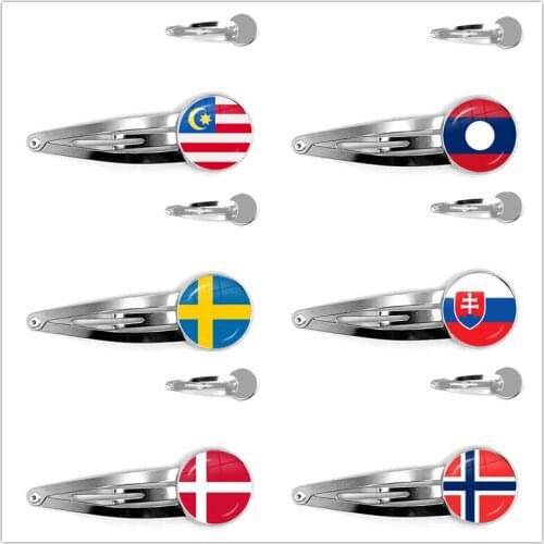 Malaysia, Laos, Denmark, Norway, Sweden, Slovakia National Flag Hairpins Glass Cabochon Bobby Pin Hair Jewelry for Women Girls