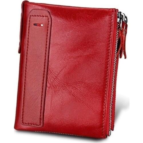 New Genuine Leather Women Wallets Crazy Horse Credit Business Card Holders Double Zipper Cowhide Leather Wallet Purse Carteira