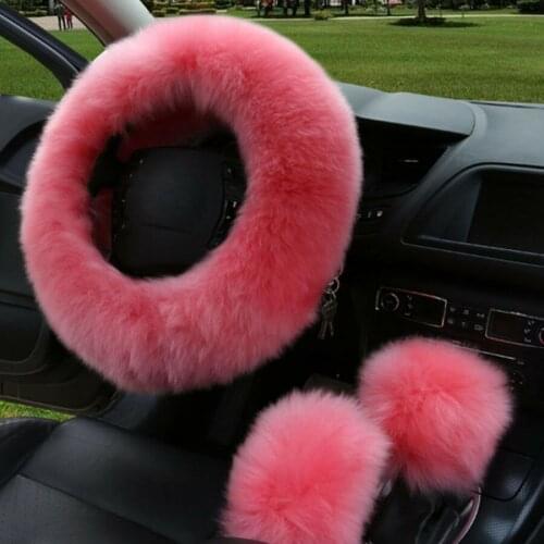 New Pattern Interior 3Pcs Fluffy Thick Fur Wool Car Steering Wheel Cover Winter Universal Pink