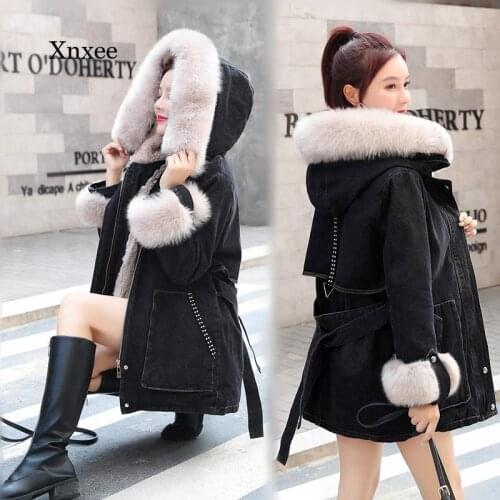 Fall/winter New Style Plus Size Casual Loose Solid Color Fur Collar Thickened Long Jeans Cotton Coat Denim Jacket