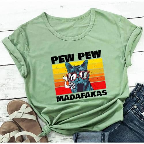 Pew Pew Cool Cat Graphic Print 100%Cotton Women Tshirt Unisex Pet Lover Funny Summer Casual Short Sleeve Tops Cat Lover Shirt