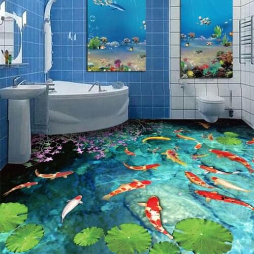 Custom 3D Mural Wallpaper Classic Ponds Carp Floor Tiles Sticker Bathroom Kitchen PVC Waterproof Self Adhesive Floor Wall Papers