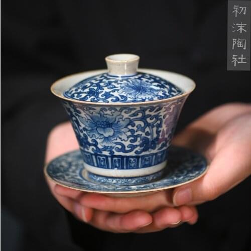 Hand-painted antique blue-and-white bound branch lotus treasure phase spend three to tureen tea bowl of the bubble