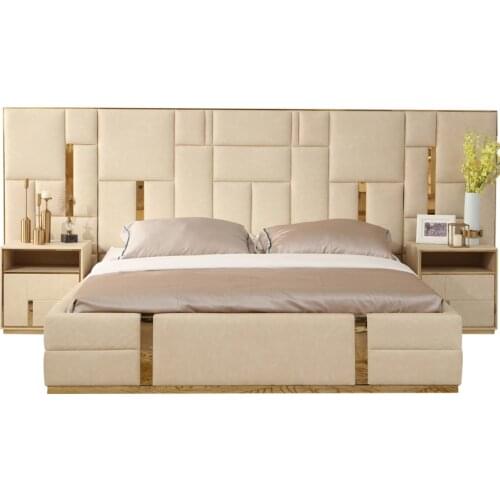 Luxury Stainless Steel king size genuine leather bed with storage and long bed headboard high bed