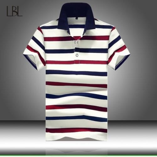 Men Polo Shirt Summer Mens Business Casual Tops Mens White Striped Short Sleeve Polo Shirt Male Work Clothing Collar Polos