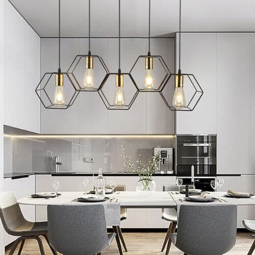 Modern Loft 3/5 Lights Metal Bar Hanging Light Fixture Geometry Iron Frame Pendant Light for Dining room Restaurant Cable Adjust