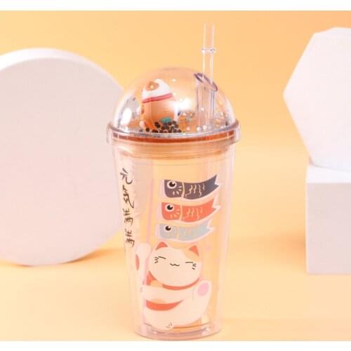 Water Cup Cute Cat Personality Creative Cartoon Plastic Color Ice Cup Fun Straws Good-looking Water Bottle Double Insulation