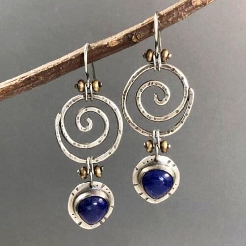 Vintage Hollow Spiral Blue Stone Drop Earrings Womens Tribal Jewelry Metal Antique Silver Color Whirl Ethnic Earrings Gift
