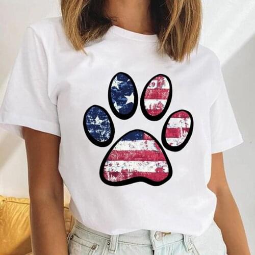 Women Dog Paw America Flag Love Dog Animal Casual Female Cartoon Clothes Tops Print Cute Ladies Tees Tshirt Graphic T-Shirt