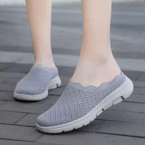 Womens Casual Shoes Light Casual Shoes With Flying Mesh Surface Thick Soled Anti Slip Flat Half Slippers Big Size 35-42