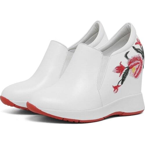 10cm High Heel Embroider Flowers Fashion Sneakers Women Genuine Leather Ankle Boots Female Platform Wedges Pumps Casual Shoes