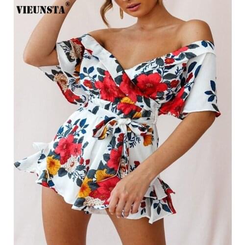 2021 Summer New Product Floral Digital Printing Women Clothing Sexy One Word Collar Ruffle Rompers Casual Fashion Bandage Shorts