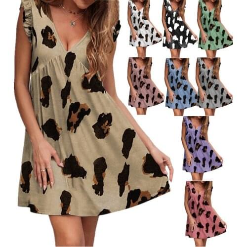 2021 Summer Holiday Beach Mini Dress Women Deep V Neck Sleeveless Leopard Print Ruffle Casual Party Dresses Sexy Plus Size Dress