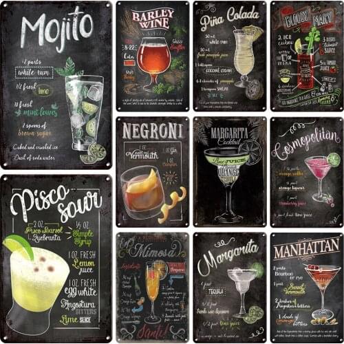 Tin Sign Mojito Blue Hawaiian Cocktail Beer Wine Metal Posters Retro Wall Plaques & Signs Bar Pub Club Decorative Iron Painting