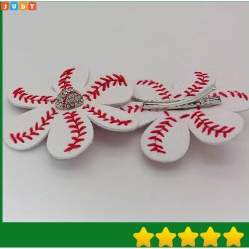 2016 New design leather flower hair clips softball hairbow baseball hairbow