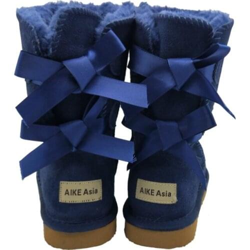 AIKE Asia hot fashion brand designer ladies bow warm boots winter 100% authentic leather snow boots warm shoes bare boots women