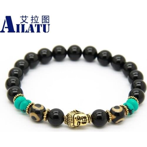 Ailatu Mens Beaded Jewelry Red & Black Stone Dzi Beads Buddha Yoga Bracelet