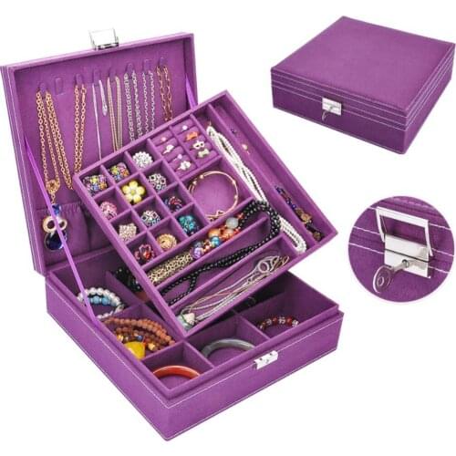 80% Hot Sales Two Layers Lint Wooden Jewelry Box Organizer Display Storage Case with Lock