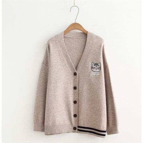 Preppy Style Students Cardigan Cute Girls Sweet Women Sweater V Neck Long Sleeve Embroidered Cate Knitted Top Spring Autumn Coat