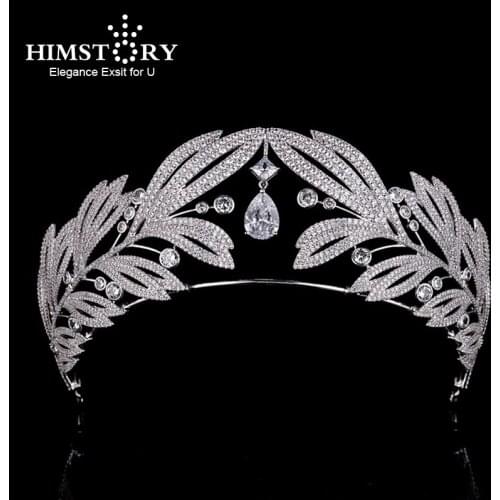 Himstory Vintage European Royal Queen Crown Wedding Full Cubic Pageant Tiara Crowns Leaf Bride Diadem Hair Jewelry