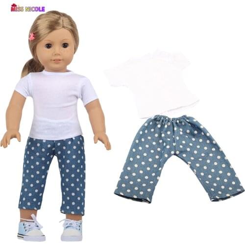 Toy Accessories Baby Doll White t and Blue Polka Dot Pants Clothes Suit 18 Inch American OG girl Doll clothes(Only Sell Clothes