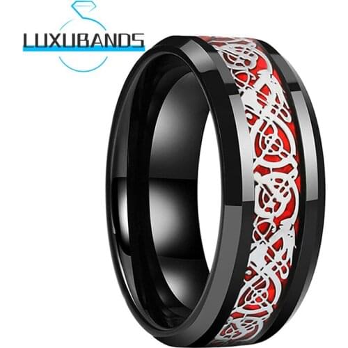 8MM Black Tungsten Carbide Ring For Men Women Beveled Engagement Bands Red Opal Dragon Edges Polished Finish Inlay Comfort Fit