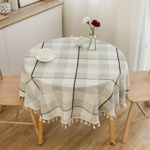 Round Tablecloth Cotton Linen Mediterranean White Blue Check Table Cloth Art Coffee Table Tassel Cover Towel For Party Kitchen