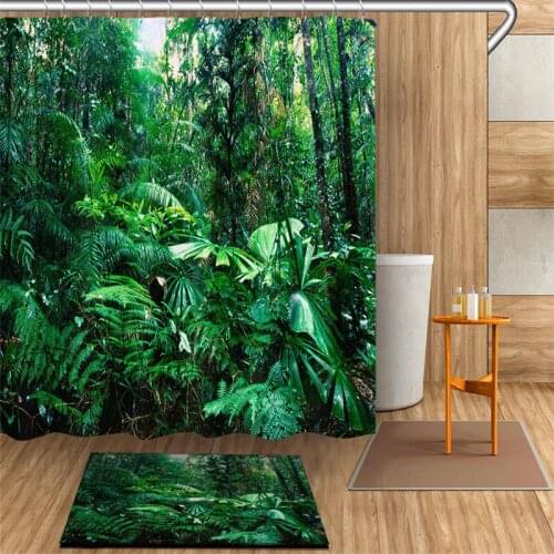 LB Tropical Plant Shower Curtain Floral Design Leaves Rainforest Dark Green Palm Jungle Scene Hawaii Botanical Shower Curtain