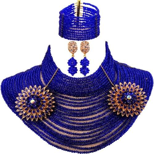 Fashion Royal Blue African Beads Jewelry Set 25 Layers 4mm Crystal Beaded Nigerian Necklace Jewelry Sets 25LC14