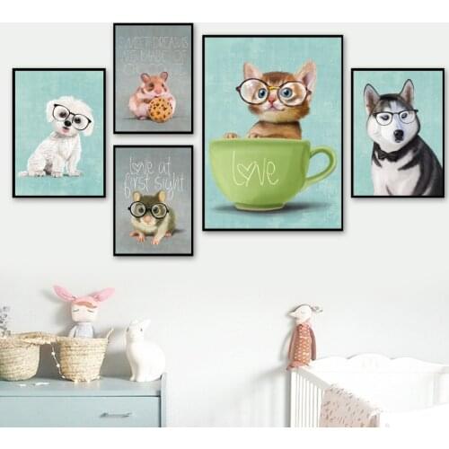 Animal Wall Pictures Cat Dog Rabbit Pig Monkey Mouse Wall Art Canvas Painting Nordic Poster And Print Kids Baby Room Home Decor