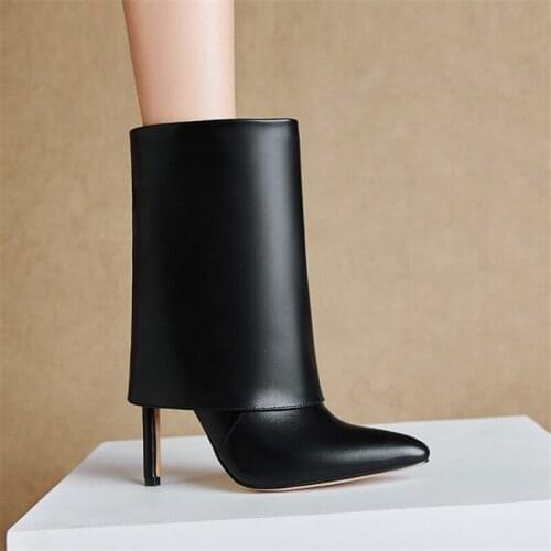 New Fashion Slip On Knight Boots 2020 Winter Leather Pointed Toe High Heel Slim Mid Calf Boots Ladies Party Designer Women Shoes