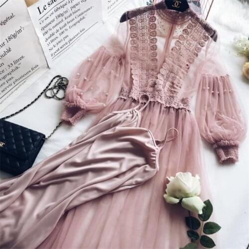 New Summer Two Piece Fashion Autumn Women Beading Lace Dresses Mesh Dress Long Sexy Party Dress Womens Clothing Vestidos WZ597