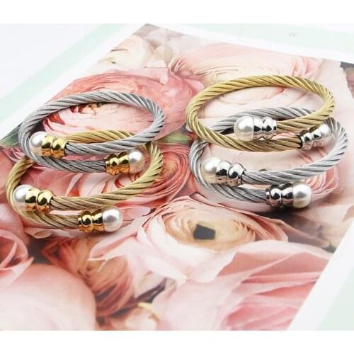 New Women Cable Bangles Gold 316l Stainless Steel Bracelet Fashion Pearl Jewelry