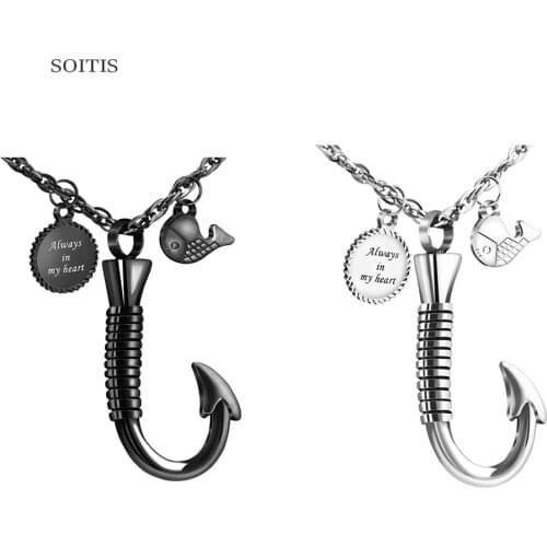 SOITIS Customize Engraved Name Date Fishhook Shaped Pendant Hollow Cremation Pendant Ash Holder Keepsake Openable Urn Necklace