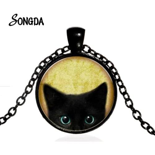Black Cat Necklace Cute Kitty and Black Bird Animal Pendant Glass Cabochon 4 Colors Chains Women Girl Pet Lovers Jewelry