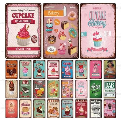 Pink Cake&Donuts&Ice-cream Tin Sign Vintage Metal Poster Iron Sheet Decor For Club Bar Restaurant Cafe Painting Wall Home Decor
