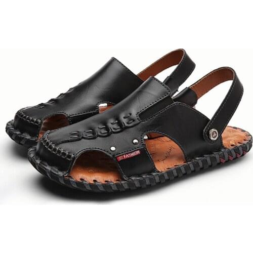 Men Summer Sandals Fishing Beach Hollow Out Breathable Aqua Shoes Upstream Water Shoes Genuine Leather Casual Slippers