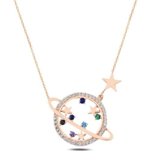 Silver 925 Sterling Saturn & Star Zircon Cubic Zirconia Necklace