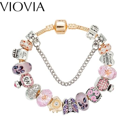 VIOVIA Beads of Butterfuly Charm Bracelets & Bangles Gold Chain Glass Beads Bracelets For Women Gift DIY Jewelry B16138