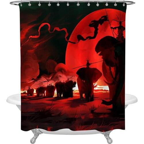 War Animals Elephants with Red Moon Shower Curtain Decor Graphic Print