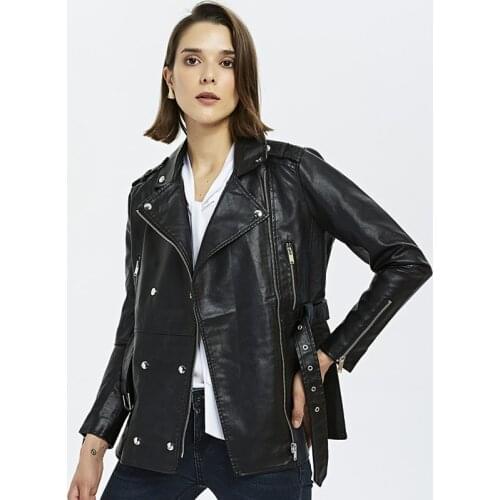2019 new Female Leather Jacket occident PU Women Biker Jacket Slim double breasted long Faux Leather Coat with belt Black Jacket