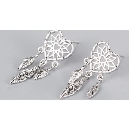 Daisies Dream-catcher Earrings Jewelry Pure 925 Sterling Silver Dream Catcher Feather Tassels Heart Shape Earrings For Women