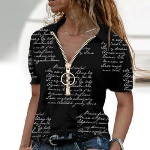 Women Short/Long Sleeve Zip Tops Fashion Retro V Neck Pullover Casual Geometric Letter Print Blouse Chic Shirts Streetwear
