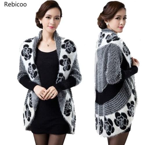 Spring Autumn Women Korean Fashion Flower Mohair Knit Shawl Cardigan Sweater Jacket Medium Long Sweaters Plus Size 3XL