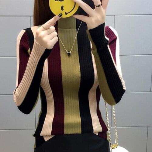 Female Sweater 2021 New Autumn Winter Half Turtleneck Striped Slim Body Elasticity Short Knit Pullover Women Bottom Sweater