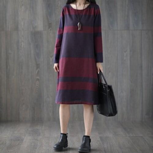 2021 New Arrival Long Sleeve Loose Fashion Autumn Dress Linen Cotton striped Vintage Dress Plus Size Women Spring Casual Dress