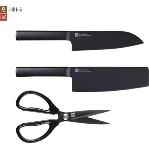 2Pcs Huohou Cool Black Kitchen Knife Scissor Non-Stick Stainless Steel Knife Set 307mm Slicing Knife+298mm Chef for xiaomi Knife