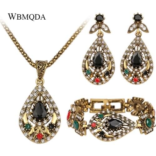 3 Pcs/lot Unique Vintage Gold Indian Jewelry Sets Crystal Hollow Out Geometric Statement Necklace Bracelet Earrings For Women