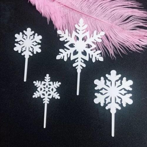 4pcs New White Snowflake Acrylic Cake Topper Silver Merry Christmas Cupcake Topper For Christmas Party Cake Decorations Xmas