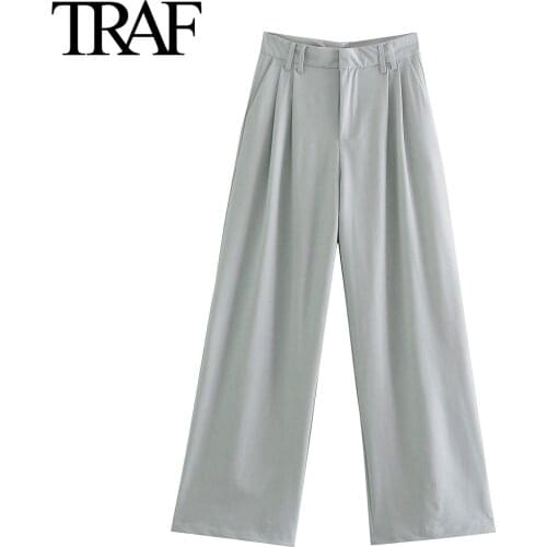 Traf Za Women Fashion Side Pocket Pants Vintage Streetwear High Waist Wide Leg Pants Chic Office Lady Loose Trousers Mujer